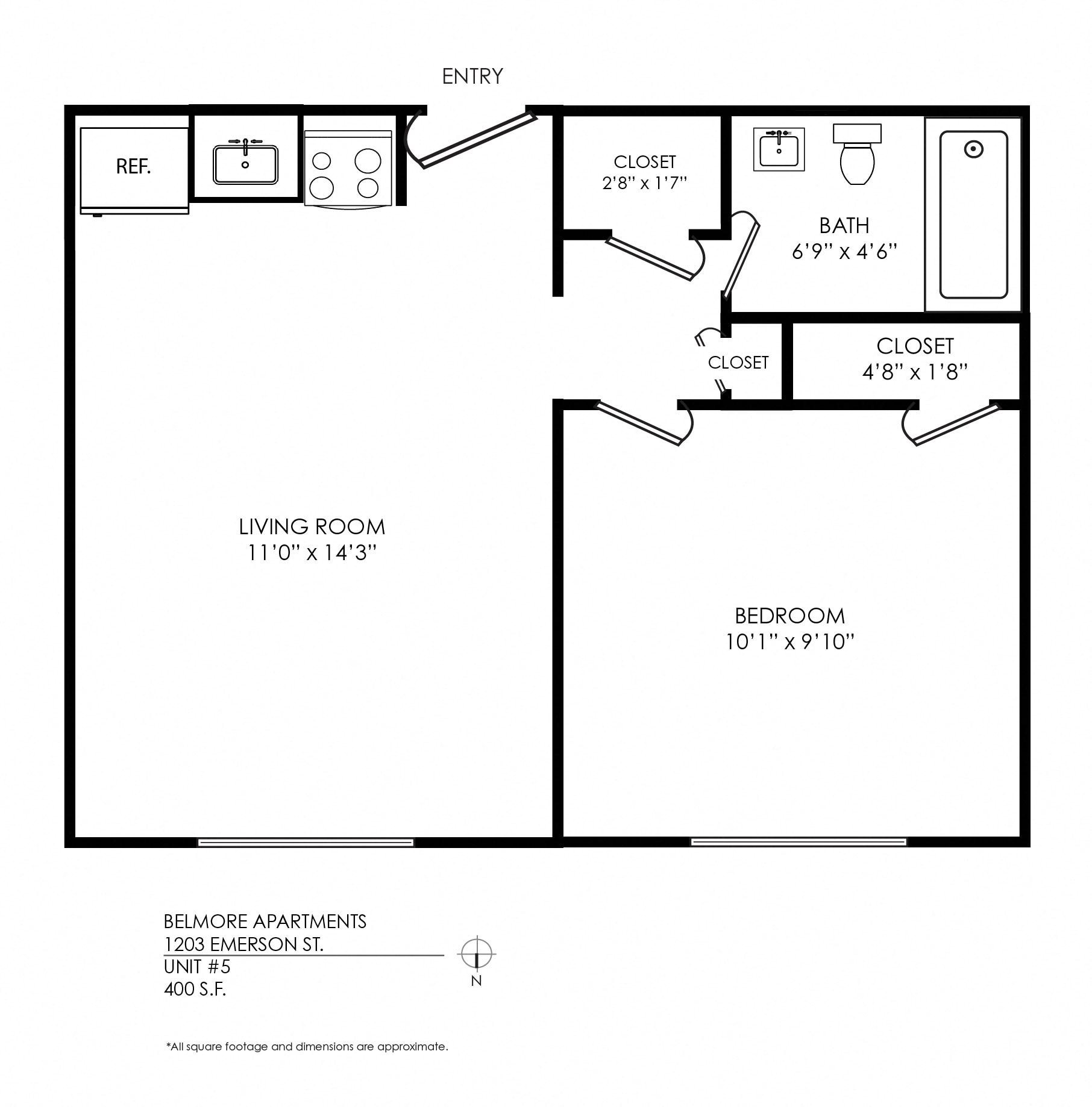 Floor plan for 1 bed, 1 bath, 480 sqft